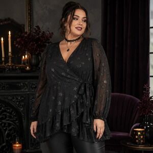 New Torrid Chiffon Star Wrap Top Plus Size 1X Ruffle Hem Party Whimsigoth Chic
